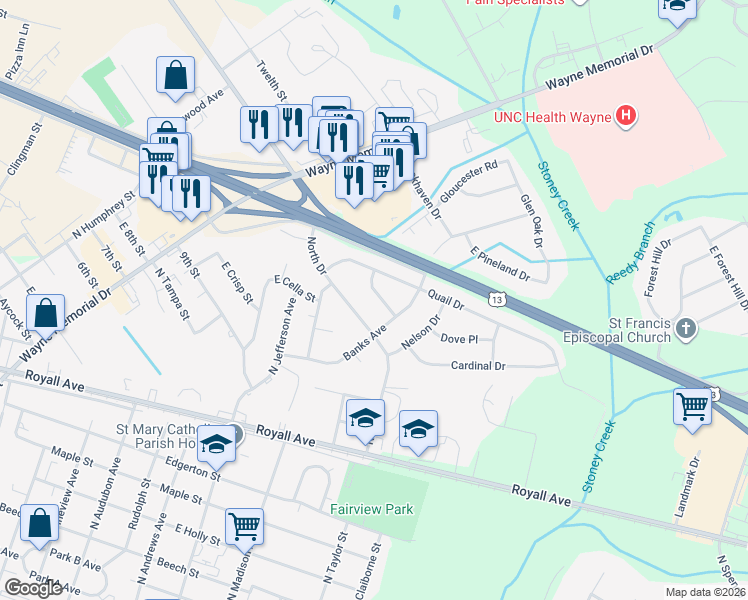 map of restaurants, bars, coffee shops, grocery stores, and more near 107 Sumpter Drive in Goldsboro