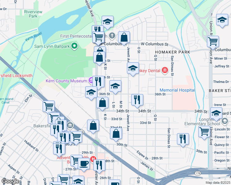 map of restaurants, bars, coffee shops, grocery stores, and more near 3602 L Street in Bakersfield