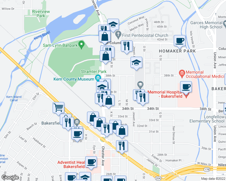 map of restaurants, bars, coffee shops, grocery stores, and more near 1330 36th Street in Bakersfield