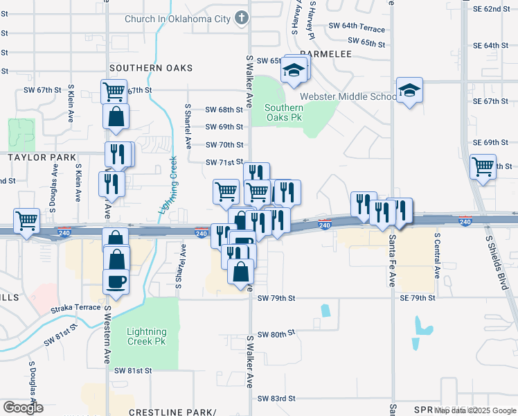 map of restaurants, bars, coffee shops, grocery stores, and more near 7410 South Walker Avenue in Oklahoma City