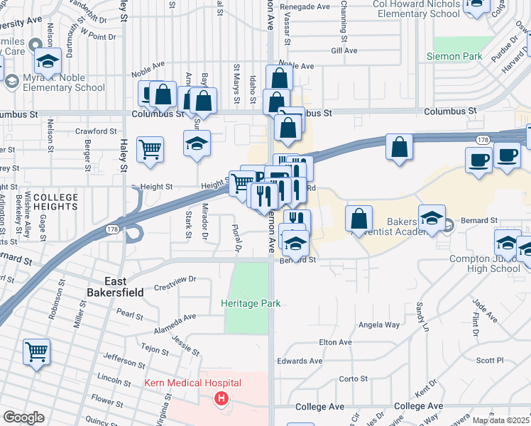 map of restaurants, bars, coffee shops, grocery stores, and more near 2650 Mount Vernon Avenue in Bakersfield