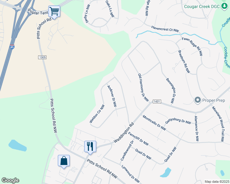 map of restaurants, bars, coffee shops, grocery stores, and more near 1603 Andover Street Northwest in Concord