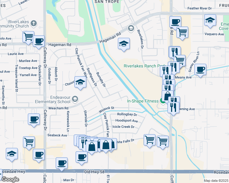 map of restaurants, bars, coffee shops, grocery stores, and more near 8808 Chisholm Drive in Bakersfield