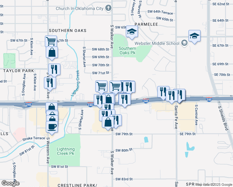map of restaurants, bars, coffee shops, grocery stores, and more near 7410 South Walker Avenue in Oklahoma City