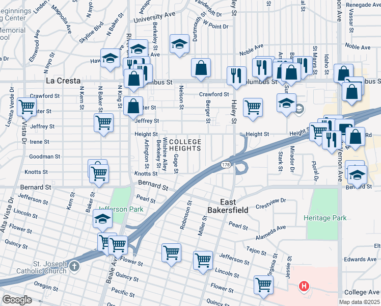map of restaurants, bars, coffee shops, grocery stores, and more near 2231 Nelson Street in Bakersfield