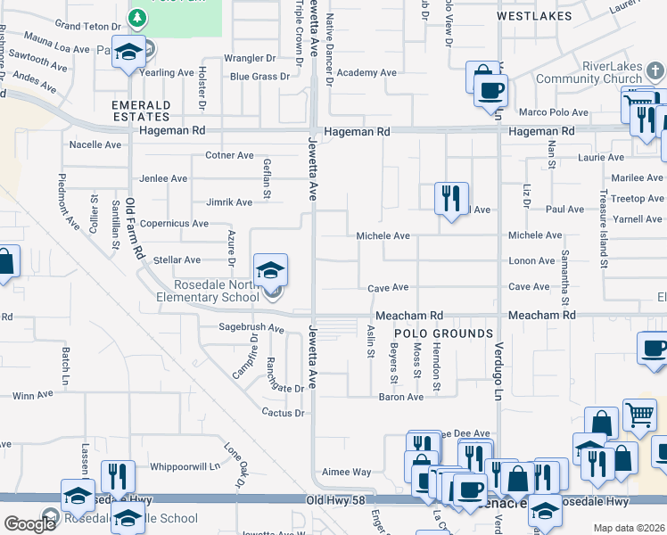 map of restaurants, bars, coffee shops, grocery stores, and more near 11207 Lonon Avenue in Bakersfield