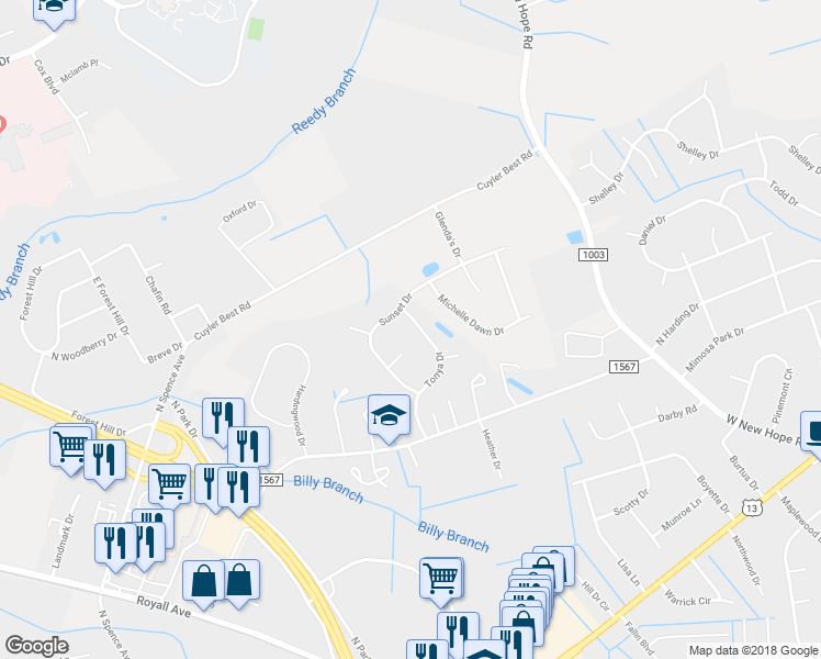map of restaurants, bars, coffee shops, grocery stores, and more near 306 Tonya Drive in Goldsboro