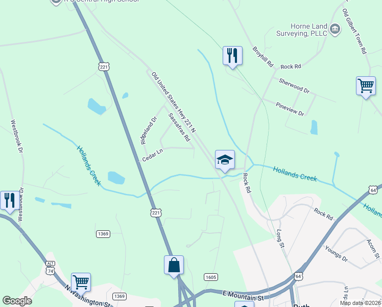map of restaurants, bars, coffee shops, grocery stores, and more near 218 Cedar Lane in Rutherfordton