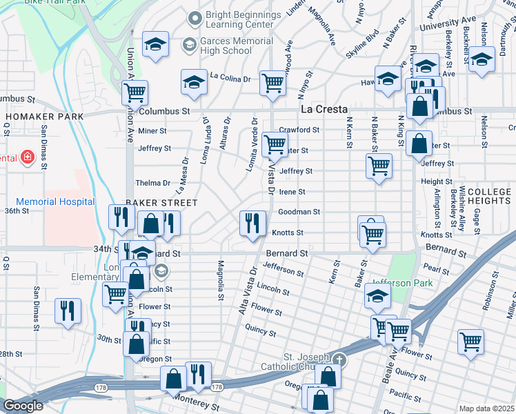 map of restaurants, bars, coffee shops, grocery stores, and more near 250 Goodman Street in Bakersfield