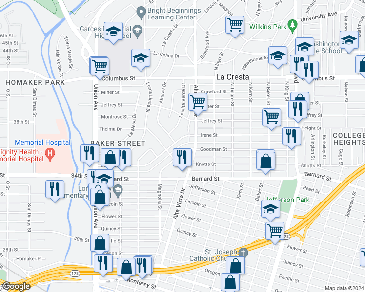 map of restaurants, bars, coffee shops, grocery stores, and more near 250 Goodman Street in Bakersfield