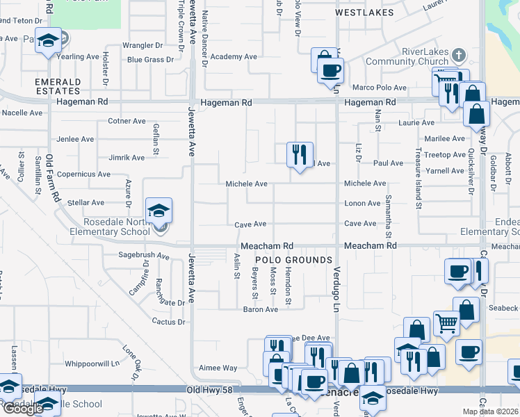 map of restaurants, bars, coffee shops, grocery stores, and more near 10913 Lonon Avenue in Bakersfield
