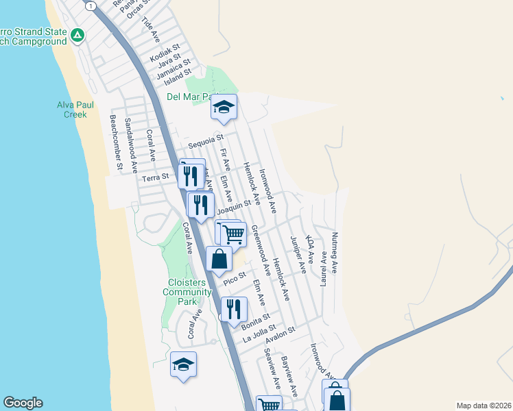 map of restaurants, bars, coffee shops, grocery stores, and more near 2798 Fir Avenue in Morro Bay