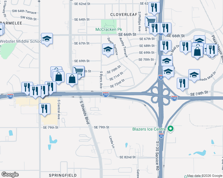 map of restaurants, bars, coffee shops, grocery stores, and more near 536 Southeast 72nd Street in Oklahoma City