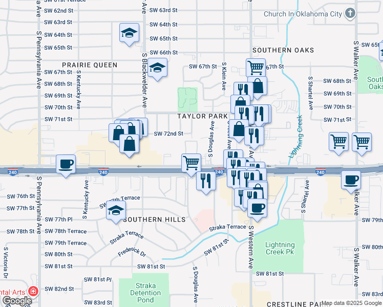 map of restaurants, bars, coffee shops, grocery stores, and more near 1053 West Interstate 240 Service Road in Oklahoma City