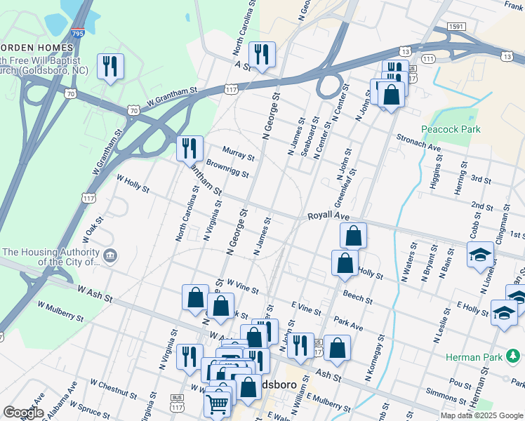 map of restaurants, bars, coffee shops, grocery stores, and more near 202 West Grantham Street in Goldsboro
