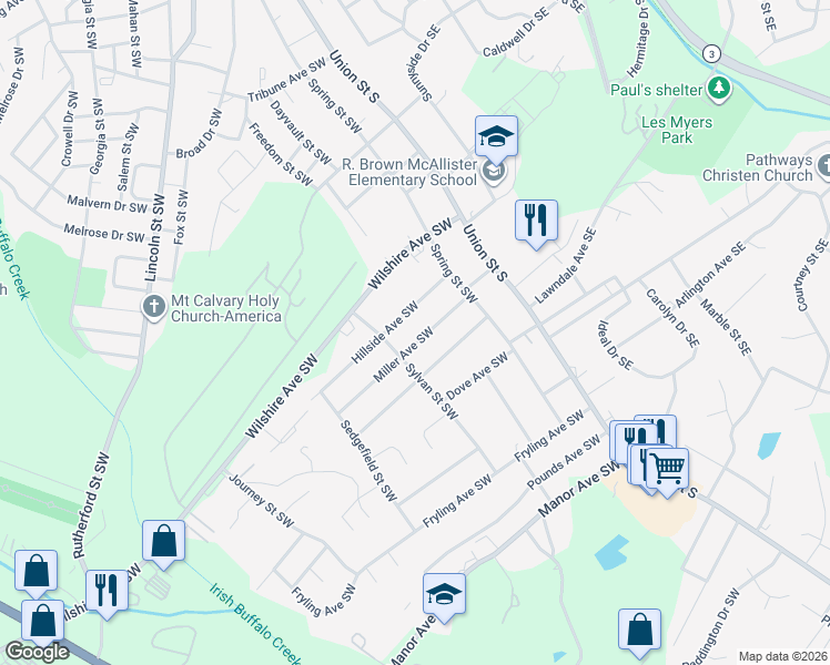 map of restaurants, bars, coffee shops, grocery stores, and more near 118 Miller Avenue Southwest in Concord