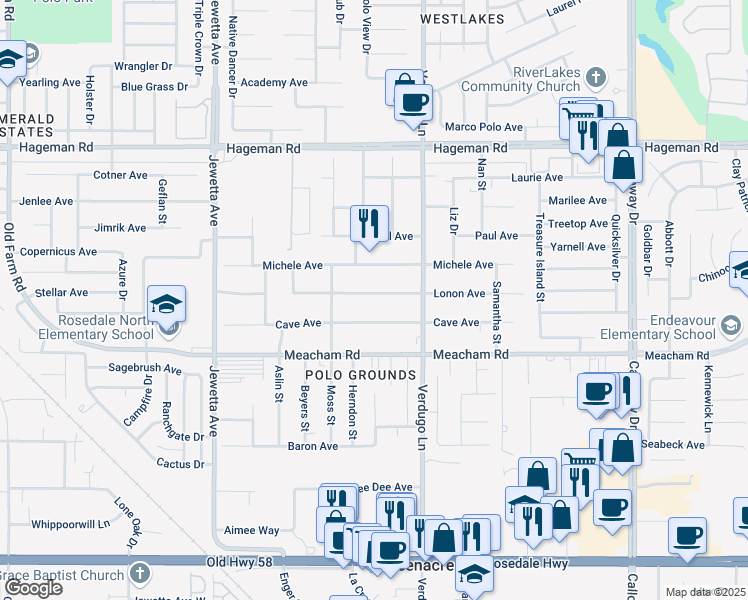 map of restaurants, bars, coffee shops, grocery stores, and more near 10613 Lonon Avenue in Bakersfield