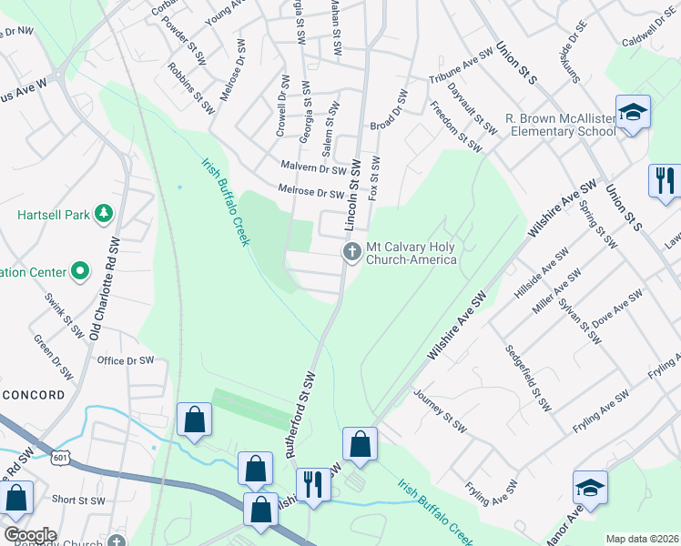 map of restaurants, bars, coffee shops, grocery stores, and more near 410 Lincoln Street Southwest in Concord
