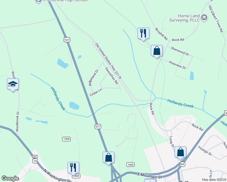 map of restaurants, bars, coffee shops, grocery stores, and more near 218 Cedar Lane in Rutherfordton