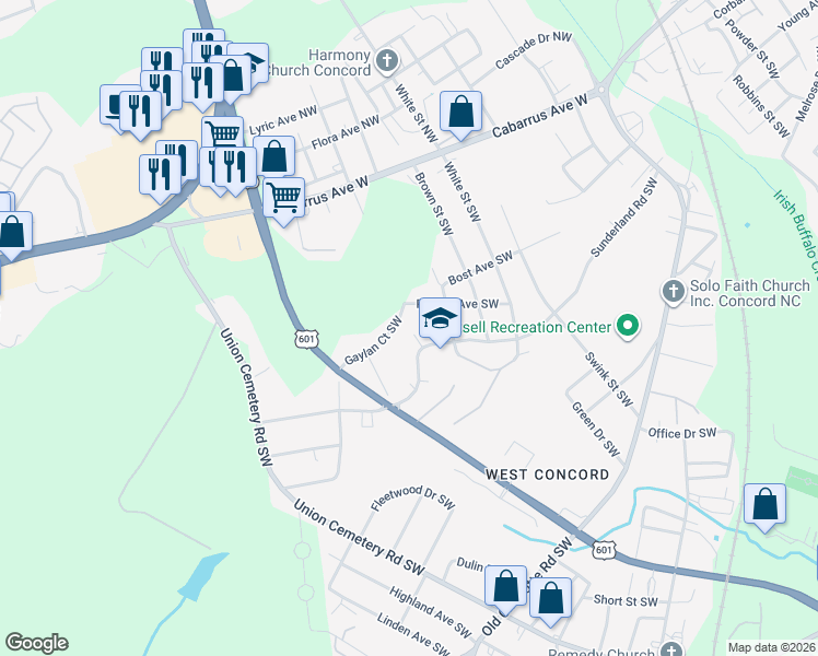 map of restaurants, bars, coffee shops, grocery stores, and more near 721 Gaylan Court Southwest in Concord