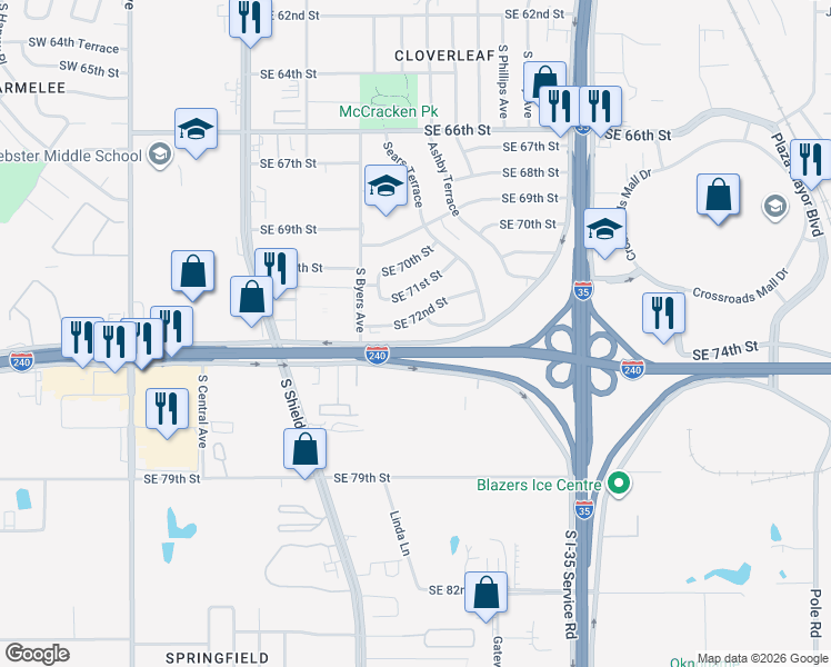 map of restaurants, bars, coffee shops, grocery stores, and more near 536 Southeast 72nd Street in Oklahoma City