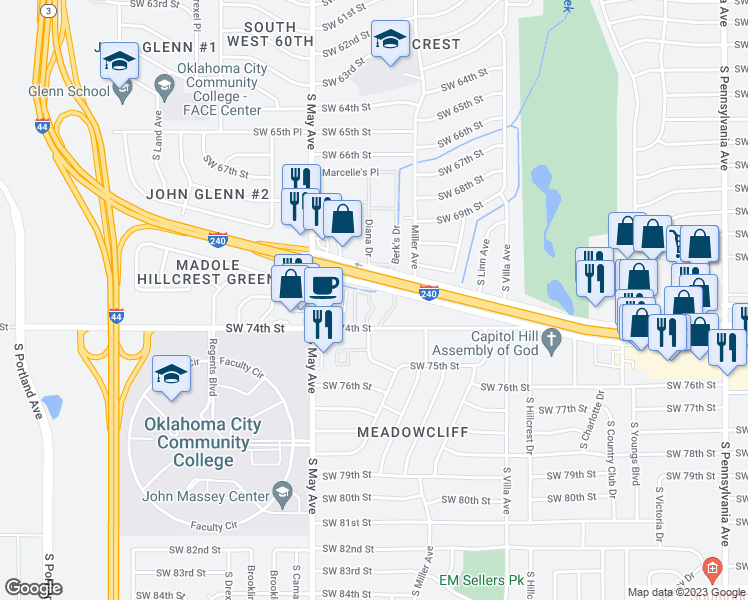 map of restaurants, bars, coffee shops, grocery stores, and more near 2681 Southwest 74th Street in Oklahoma City
