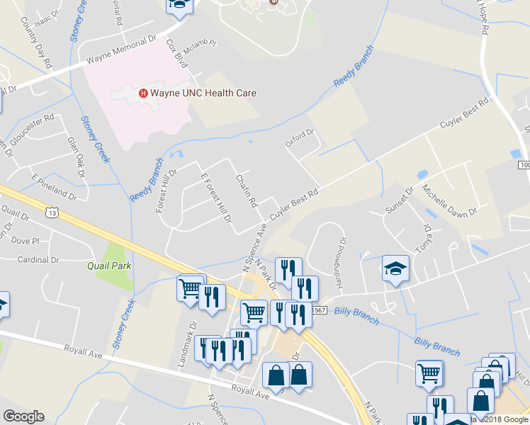 map of restaurants, bars, coffee shops, grocery stores, and more near 504 Chafin Road in Goldsboro