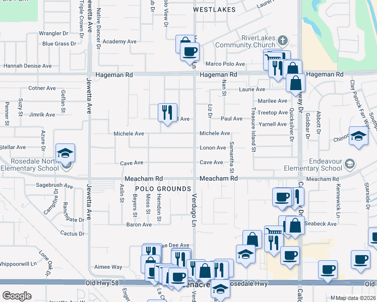 map of restaurants, bars, coffee shops, grocery stores, and more near 10505 Lonon Avenue in Bakersfield