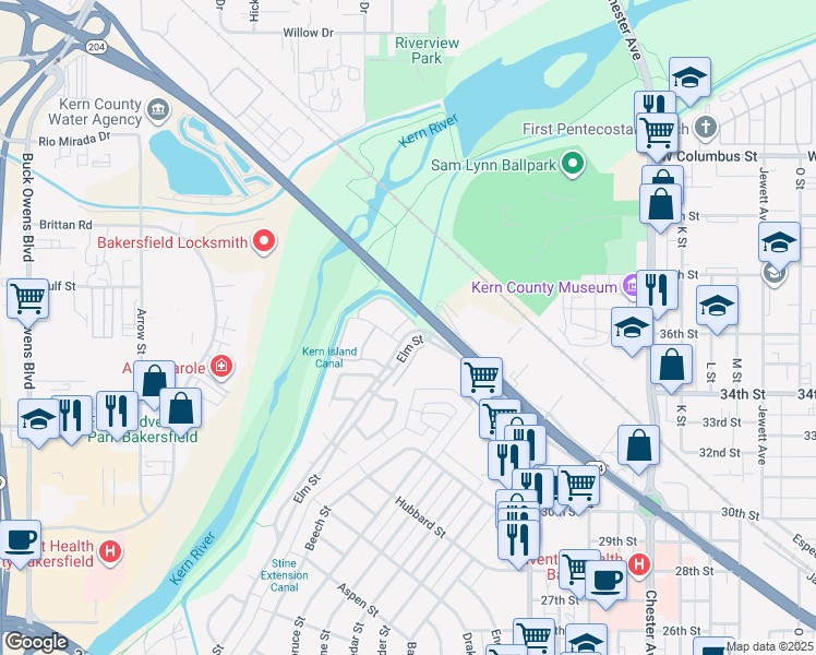 map of restaurants, bars, coffee shops, grocery stores, and more near 20 Elm Street in Bakersfield
