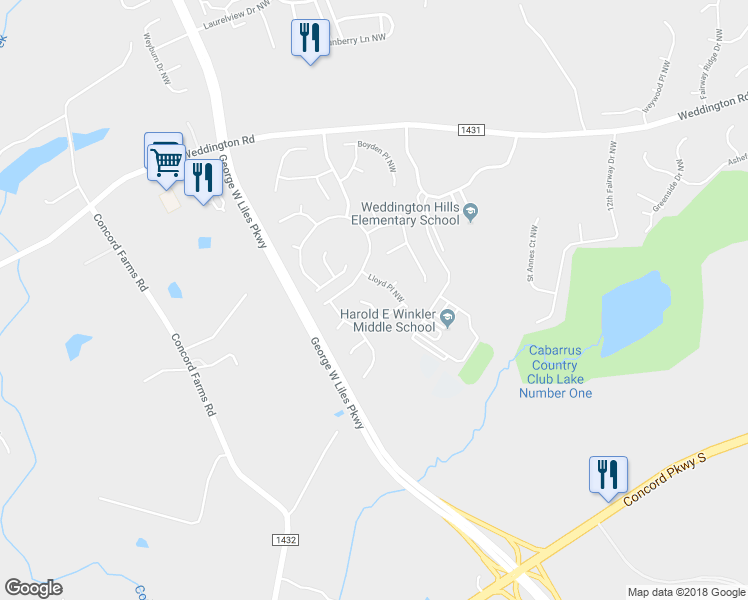 map of restaurants, bars, coffee shops, grocery stores, and more near 1432 Lockhart Place Northwest in Concord