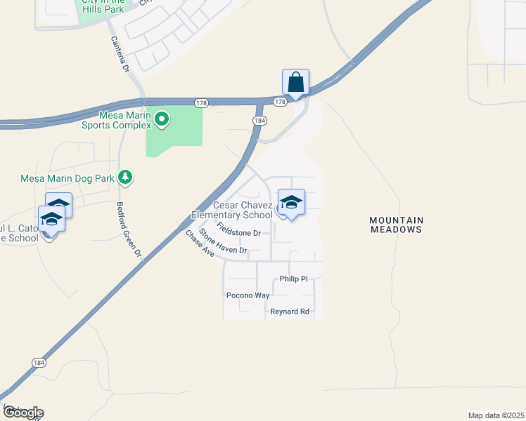 map of restaurants, bars, coffee shops, grocery stores, and more near 10912 Rainwater Lane in Bakersfield