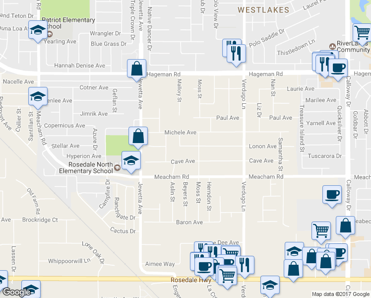 map of restaurants, bars, coffee shops, grocery stores, and more near 10913 Lonon Avenue in Bakersfield