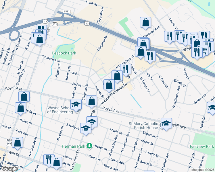 map of restaurants, bars, coffee shops, grocery stores, and more near 913 East 4th Street in Goldsboro