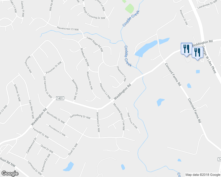 map of restaurants, bars, coffee shops, grocery stores, and more near 1618 Chadmore Lane Northwest in Concord