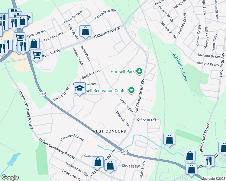 map of restaurants, bars, coffee shops, grocery stores, and more near 111 Swink Street Southwest in Concord