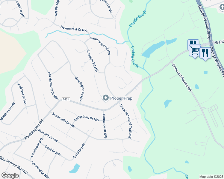 map of restaurants, bars, coffee shops, grocery stores, and more near 1532 Hansom Lane Northwest in Concord