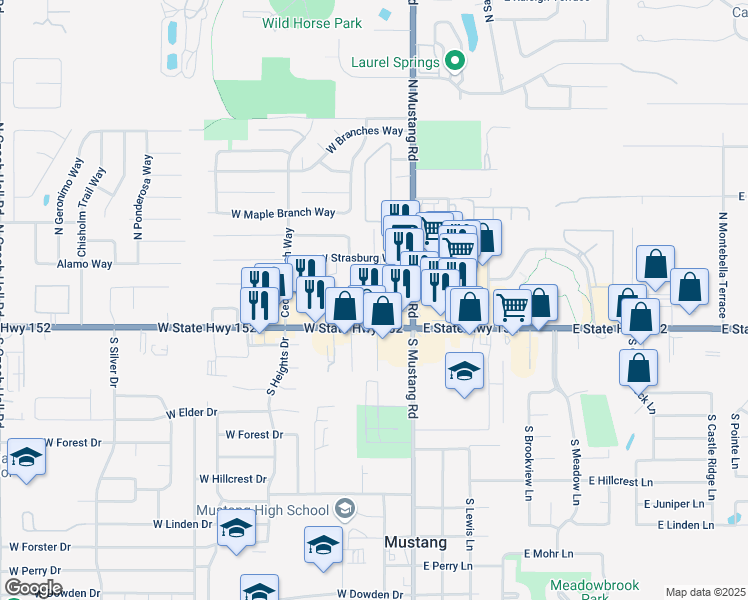 map of restaurants, bars, coffee shops, grocery stores, and more near 137 North Mustang Road in Mustang