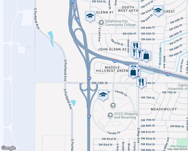 map of restaurants, bars, coffee shops, grocery stores, and more near 3220 Southwest 72nd Street in Oklahoma City