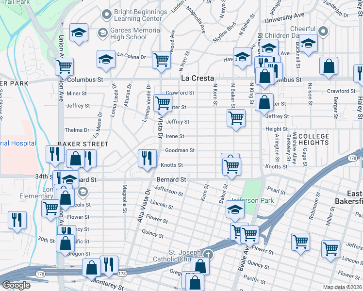 map of restaurants, bars, coffee shops, grocery stores, and more near 400 Goodman Street in Bakersfield