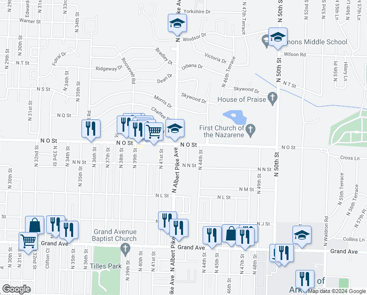 map of restaurants, bars, coffee shops, grocery stores, and more near 1525 North 43rd Street in Fort Smith