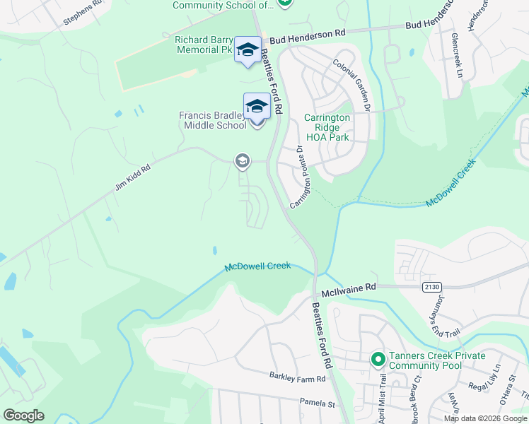 map of restaurants, bars, coffee shops, grocery stores, and more near 6718 Park Meadows Place in Huntersville
