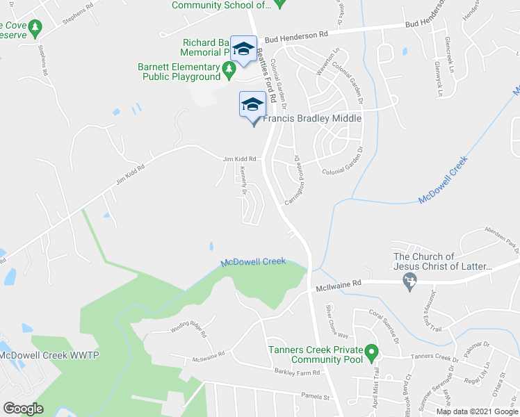 map of restaurants, bars, coffee shops, grocery stores, and more near 6718 Park Meadows Place in Huntersville