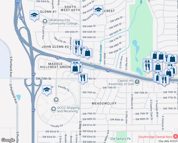 map of restaurants, bars, coffee shops, grocery stores, and more near 7400 South May Avenue in Oklahoma City