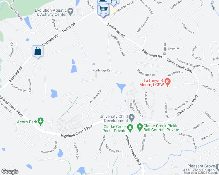 map of restaurants, bars, coffee shops, grocery stores, and more near 8517 Wren Creek Drive in Charlotte