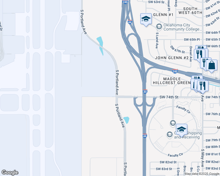 map of restaurants, bars, coffee shops, grocery stores, and more near 3501-3699 Southwest 74th Street in Oklahoma City