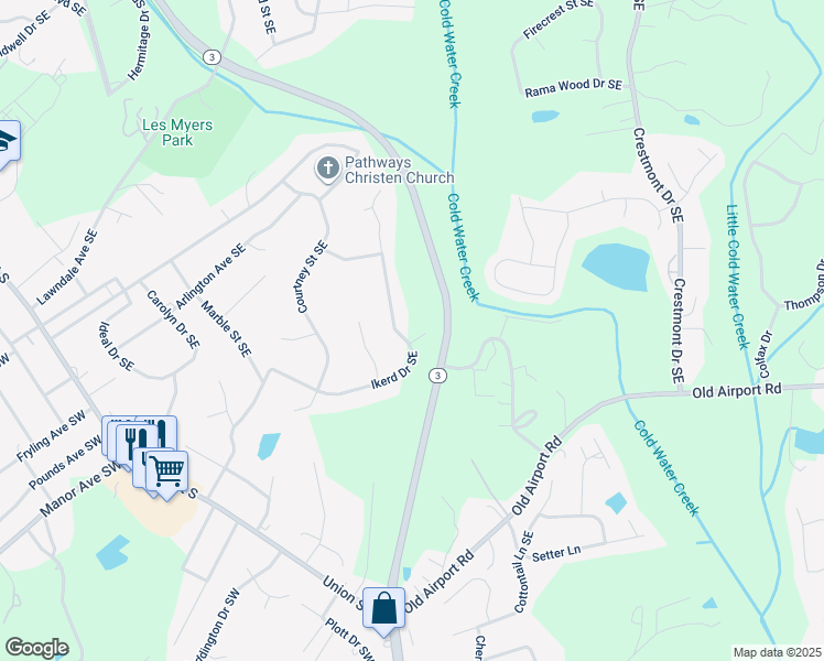 map of restaurants, bars, coffee shops, grocery stores, and more near Ikerd Drive Southeast in Concord