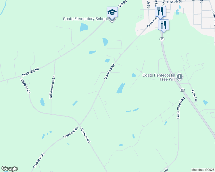 map of restaurants, bars, coffee shops, grocery stores, and more near 784 Crawford Road in Coats