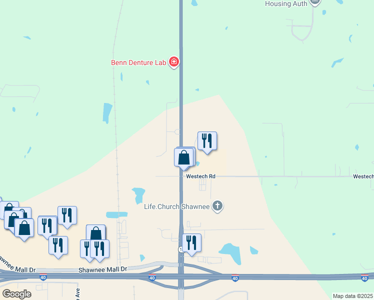 map of restaurants, bars, coffee shops, grocery stores, and more near 5829 North Harrison Street in Shawnee