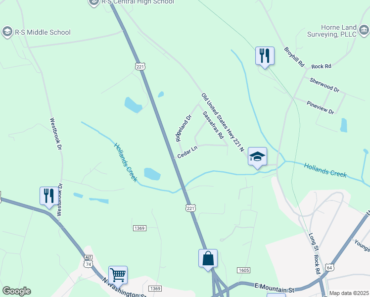 map of restaurants, bars, coffee shops, grocery stores, and more near 137 Cedar Lane in Rutherfordton