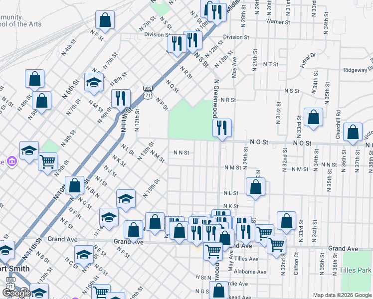 map of restaurants, bars, coffee shops, grocery stores, and more near 1919 North N Street in Fort Smith